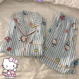Sanrio Cute HelloKitty Pijamas Feminino De Verão Manga Curta Listrada Conjunto De Calções Japoneses em Oferta na Shopee