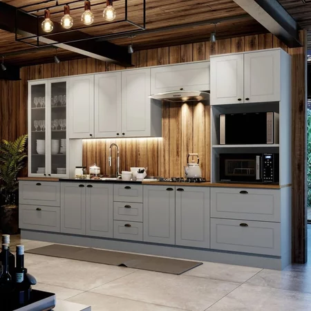 Cozinha Completa 6 Peças com Cristaleira Emily Espresso Móveis Cinza/Nature