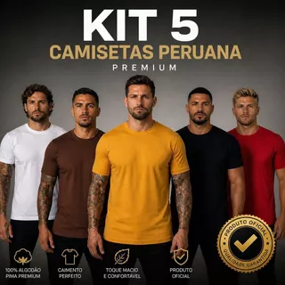 Kit 5 Camisetas Malha Peruana Algodão com Elastano Pima Premium Confortável Durável 40.1 Masculina