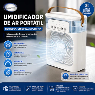 Umidificador de Ar Portátil com Ventilador USB Climatizador Mini Refrigerador Silencioso com Reservatório