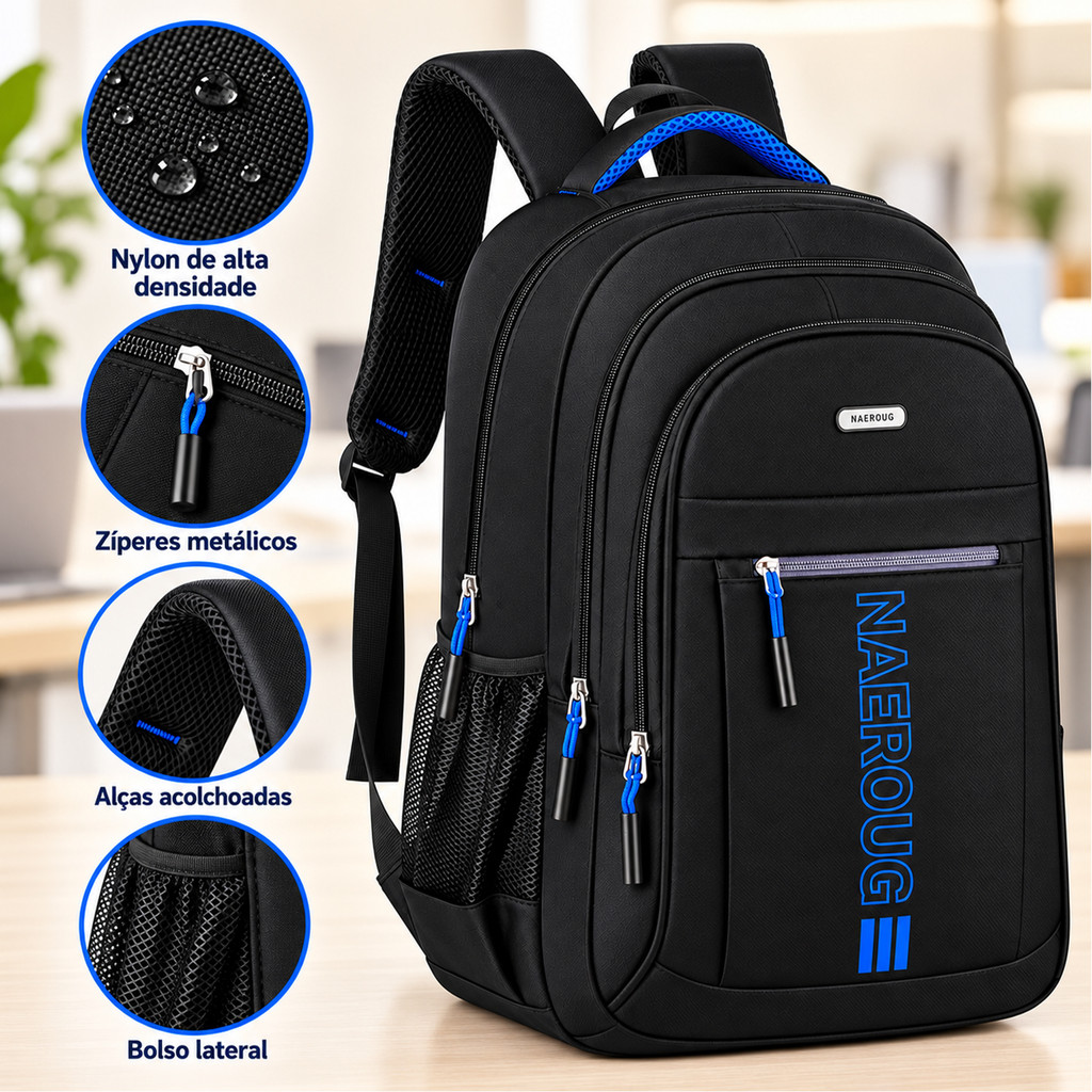 Mochila Masculina Grande Capacidade Leve e Resistente Bolso Lateral em Tela para Estudo Passeio e Viagem Curta