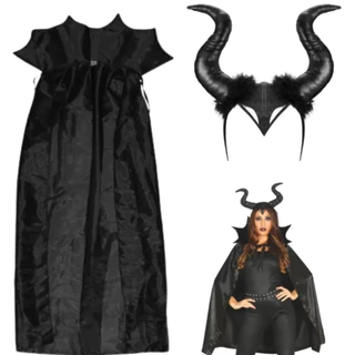 Kit Fantasia Feminina Adulto Malévola Capa Longa Gola Alta Tiara de Chifre Halloween Rainha Fada Má