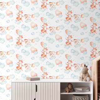 Papel de Parede Infantil Aquarela Raposa e Coelho Balões e Nuvens Quarto de Bebê Menino e Menina Auto Adesivo Decorativo