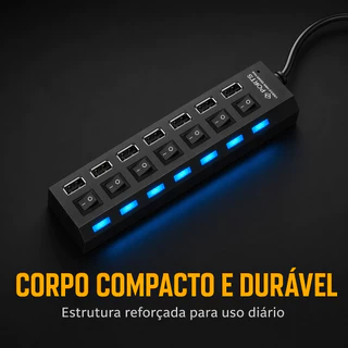 Hub USB 2.0 com 7 Portas, Interruptores Individuais e LED – Expansor Plug & Play para Notebook e PC