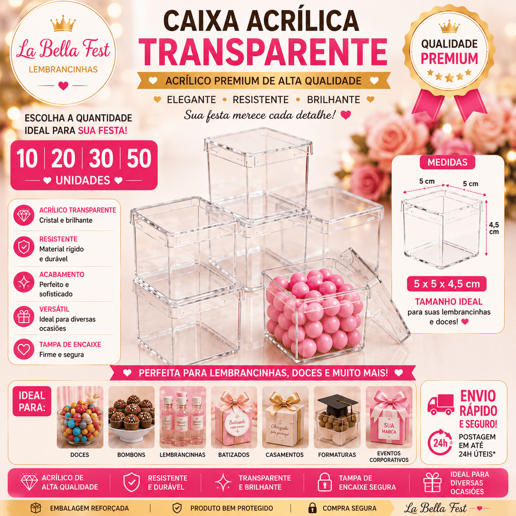 Caixinhas acrílicas transparentes 5x5 para lembrancinha de festa