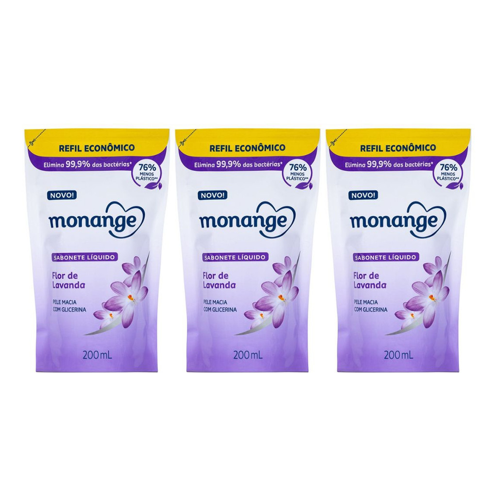 Kit 03 und Refil Sabonete Líquido Monange Flor De Lavanda 200ml