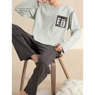 Conjunto de pijama Casual masculino Plus Size - manga comprida gola redonda com estampa de letras em Oferta na Shopee