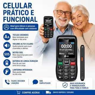LG Celular Prático e Funcional para Idosos com Teclas Grandes Volume Alto Bateria de Longa Duração e Lanterna Integrada