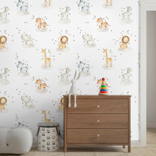 Papel de Parede Infantil Aquarela Safari Animais Nuvens e Estrelas | Auto Adesivo Decorativo Premium para Quarto de Bebê