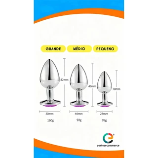 Kit Plug Anal e Vaginal Aço Inox com Joia Brilhante Tamanho P, M e G