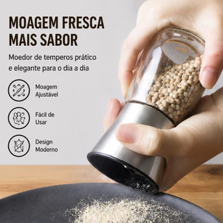 Moedor de Sal Grosso, Pimenta e Temperos com Corpo de Vidro e Tampa em Aço Inox