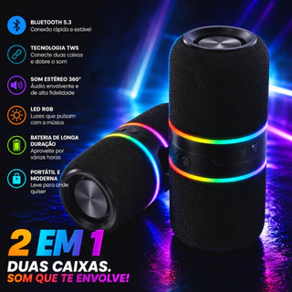 Caixa De Som Bluetooth 2 In 1 Dupla Potente LED RGB TWS Estéreo M25