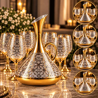 Conjunto Jarra Decanter de Vidro 1,5L Dourado com 6 Taças Decoradas Luxo Diversos Modelos