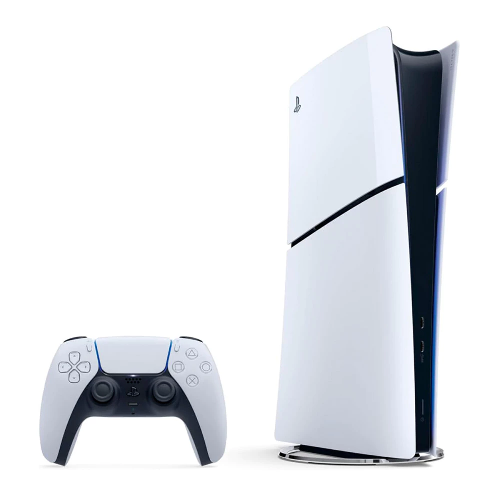 Console PlayStation 5 Slim na vertical posicionado ao lado do controle DualSense sem fio