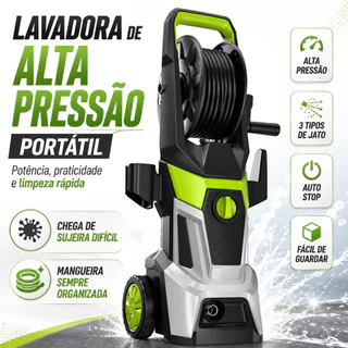 Lavadora Alta Pressão Lava Jato com Carretel de Mangueira 3 Tipos de Jato Auto Stop para Carros