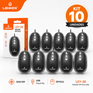 Kit 10 Mouses Ópticos com Fio USB LED Lehmox LEY-28 1200 DPI para Escritório e Jogos