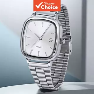 Almofada Quadrada Masculina Caso Relógio De Quartzo Pulseira De Metal Prateado Minimalista Data Pulso Analógico