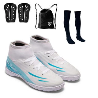 Chuteira Futebol Society Uz2000 Botinha Cano Alto + Meião + Caneleira + Mochila
