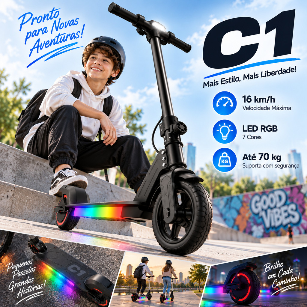 Trailforge-C1 150W Patinete Eletrico Infantil Triciclo Scooter 21.6V Ate 70kg Luzes LED Coloridas