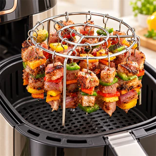 Kit Churrasco para Air Fryer Suporte Redondo com 24 Espetos de Aço Inox