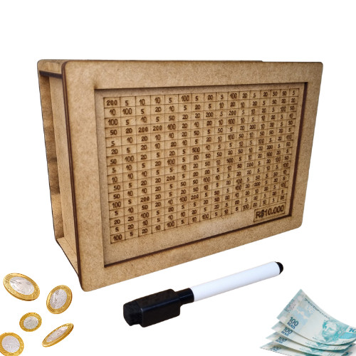 Cofre Desafio 10mil/5mil/1mil - Caixa Dinheiro De Madeira - Método Japonês - Escolha seu Objetivo!