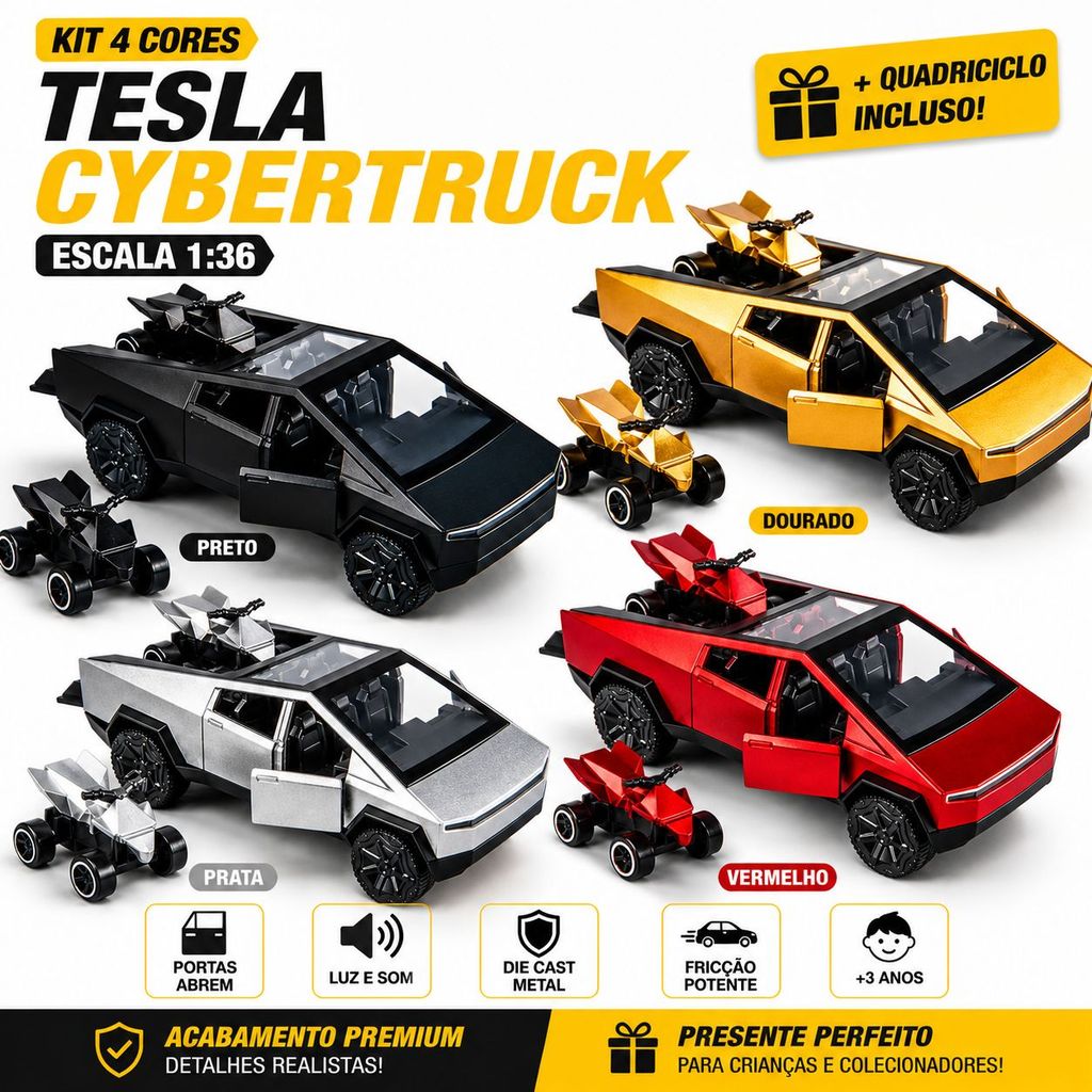 Miniatura Tesla Cybertruck 1:36 Diecast Brinquedo Colecionável