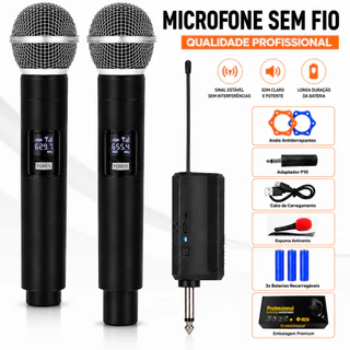 Kit 2 Microfone Wireless Duplo UHF com Receptor Plug P10 Karaokê Igreja Palestra Show