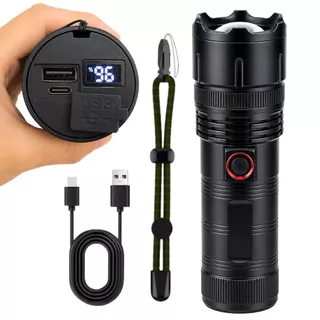 Lanterna Tática LED Super Potente 5 Modos Recarregável Display Digital, Power Bank e Zoom Longo Alcance