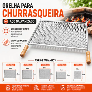 Grelha Churrasqueira Galvanizado Cabo Madeira Churrasco 60x50 80x40 50x60 50x40 40x50
