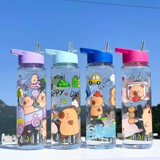Garrafa de água infantil Capivara 600ml, plástico resistente, com canudo