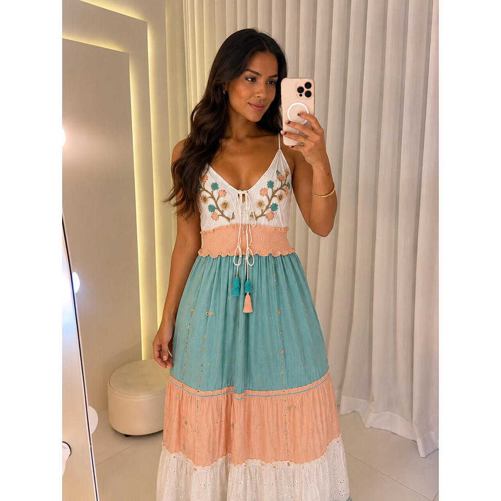Vestido Longo Bordado Boho Alças Finas Festa Verão