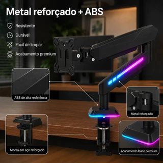 Suporte Articulado Para Monitor RGB Pistão a Gás Alta Flexibilidade Rotação Ajustável para PC Desktop