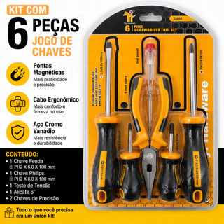 Kit Ferramentas Manuais 6 Peças Chave Fenda Phillips Alicate Bico Fino Caneta Teste Cr-V Reparos Residenciais