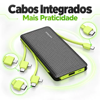 Power Bank Pineng 10000mAh com Cabos Embutidos USB-C e Lightning Carregamento Rápido Portátil