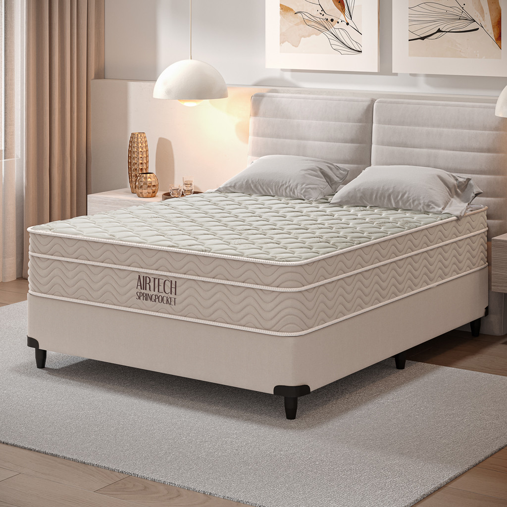 Cama Box Casal + Colchão Molas Ensacadas Ortobom Airtech Spring Pocket ...