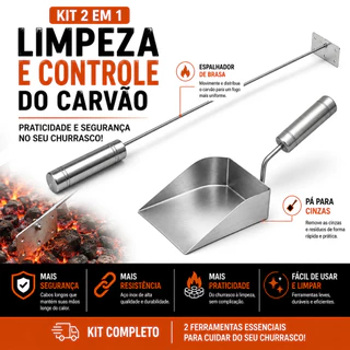 Kit Pá Cinza Para Limpeza Churrasqueira Reforçada + Espalhador De Brasas Com Cabo Alumínio Térmico Top