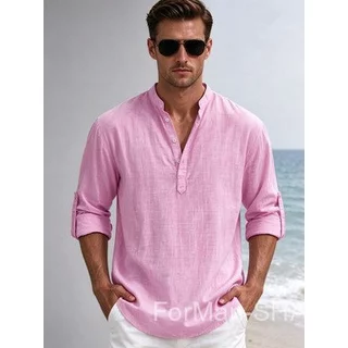Camisa Masculina Linho Algodão Gola Alta Manga Longa T恤 Solta Casual Férias Plus Size