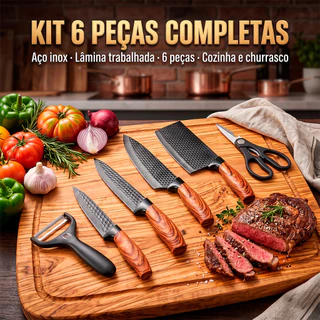 Jogo De Facas 6 Peças Kit Conjunto Cozinha Aço Inox Tesoura Descascador Cutelo Chef Churrasco Hercos