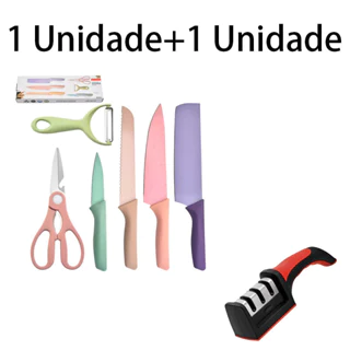 Conjunto de Facas de Cozinha Coloridas estilo Macaron 6 peças mais Afiador de Facas em Oferta na Shopee