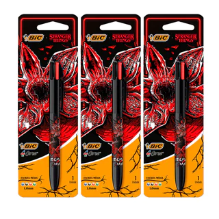 Kit 3 peças caneta esferográfica 1.0 retrátil Stranger Things Demogorgon 4 cores Bic em Oferta na Shopee