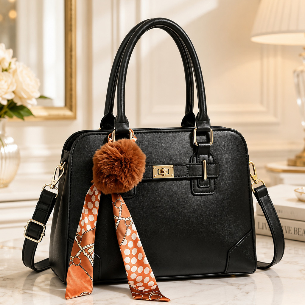 Bolsa de Mão Feminina Fecho Dourado com Pompom e Lenço — cor marrom