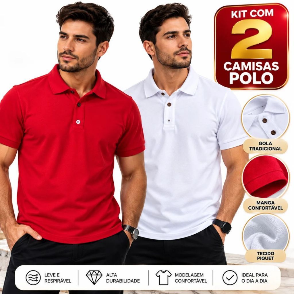 Kit Com 2 Camisas Polo Masculinas Casual Confortável
