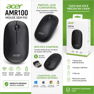 Mouse Acer Amr100 – Sem Fio Ergonômico 1600 Dpi – Preto
