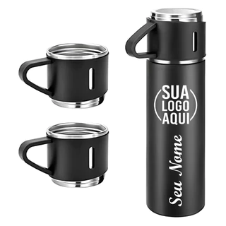 Kit de 3 Garrafa com 3 Xícaras Personalizadas com Logo e Nome nom