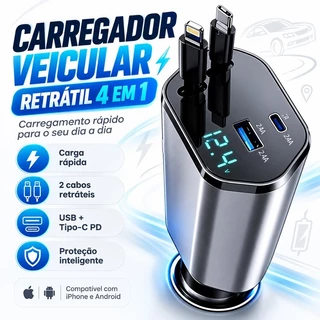 Carregador Retrátil para Carro 4 em 1 TURBO com Luz LED 180° Ajustável e Cabo Flexível para iPhone Android AIRER.BR