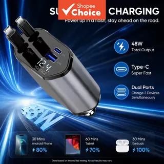 Adaptador De Carregador USB C Para Carro 120w Com Cabo Retrátil E Display De Voltagem Iphone Ipad Samsung