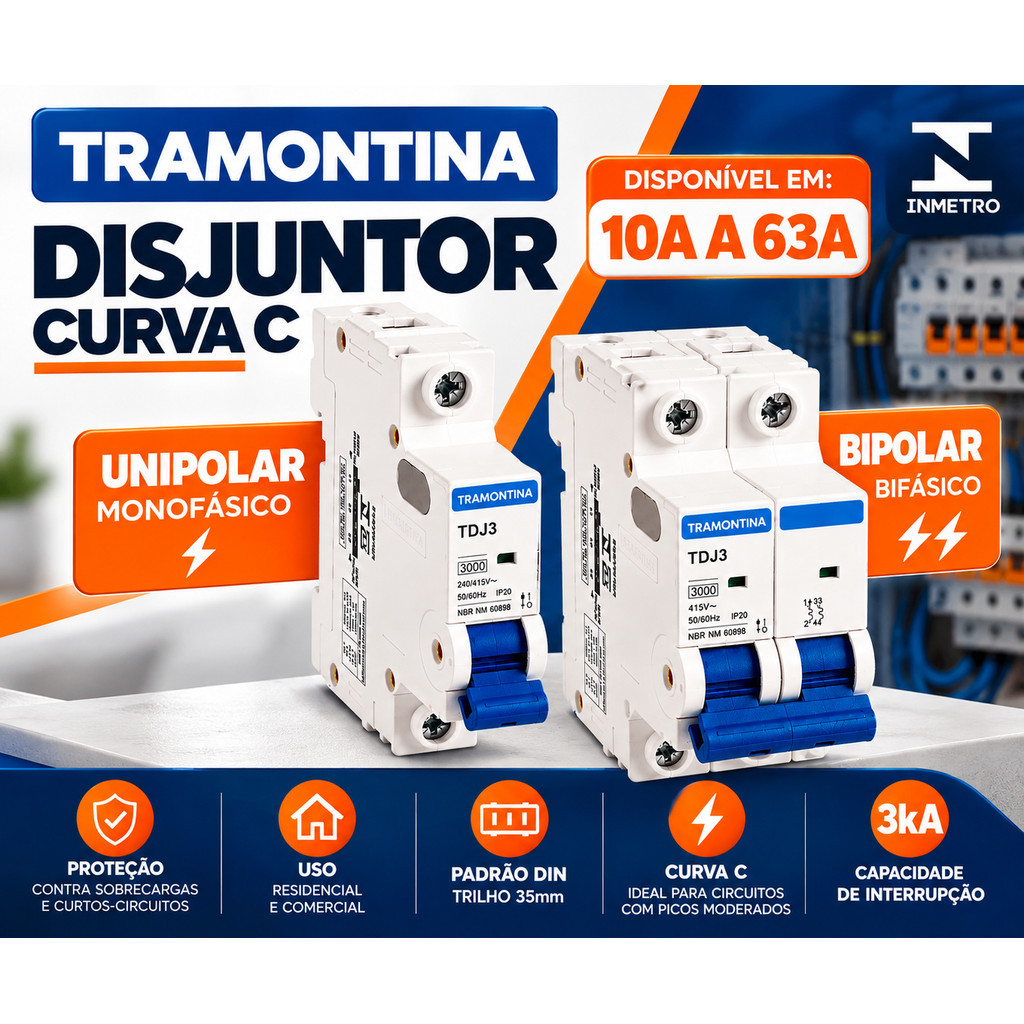 Disjuntor Tramontina Unipolar/Bipolar 10A a 63A DIN Curva C Original ...