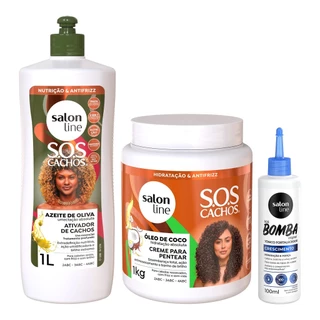 Kit com Ativados de Cachos Azeite de Oliva + Creme Para Pentear Tratamento Profundo + Tônico Fortalecedor Salon Line em Oferta na Shopee