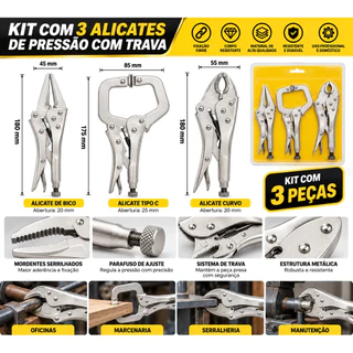 Kit 3 Alicates De Pressão Com Trava Reto C Curvo Reforçado