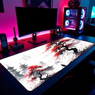 Mouse Pad Gamer Samurai Oriental Branco 65x30cm / 80x40cm / 90x50cm / 120x60cm / Borda Costurada